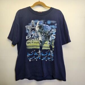 Vtg Sport Attack 1996 Deion Sanders Dallas Cowboys Graphic T-Shirt Lrg EUC Blue